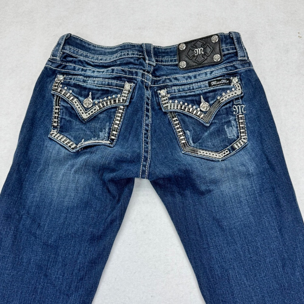 Miss Me Signature Skinny Jeans Dark Wash Embellished Flap Pocket JP6319S Size 28 - Picture 3 of 8